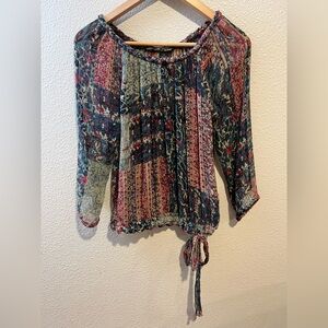 Lucky Brand Vintage Y2K 100% Silk Colorful Patchwork  Floral Dainty Top XS